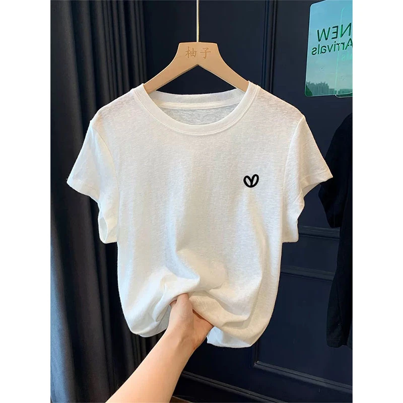 不撞款优质雪花棉圆领短袖t恤女日常可外穿洋气时尚百搭白色简约