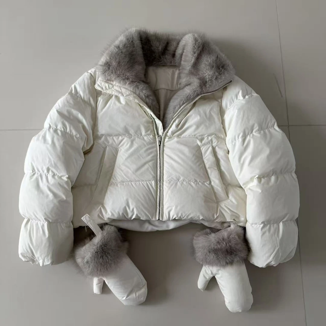 韩系毛领气质手套羽绒服外套