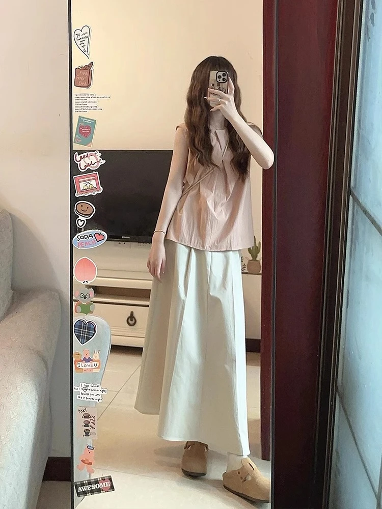 韩系少女休闲设计感套装夏季慵懒显瘦松弛感无袖背心半身裙两件套