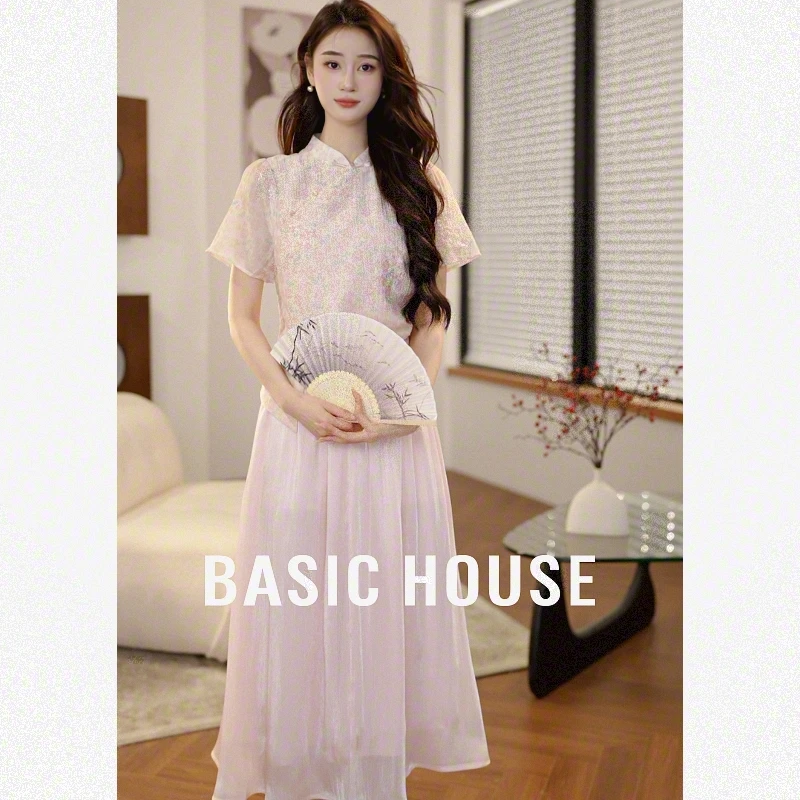 Basic House/百家好欧若新中式改良款粉色两件套旗袍B1195B5S482
