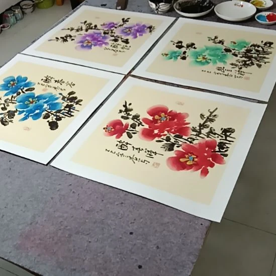 竖款写意画牡丹花四张作品