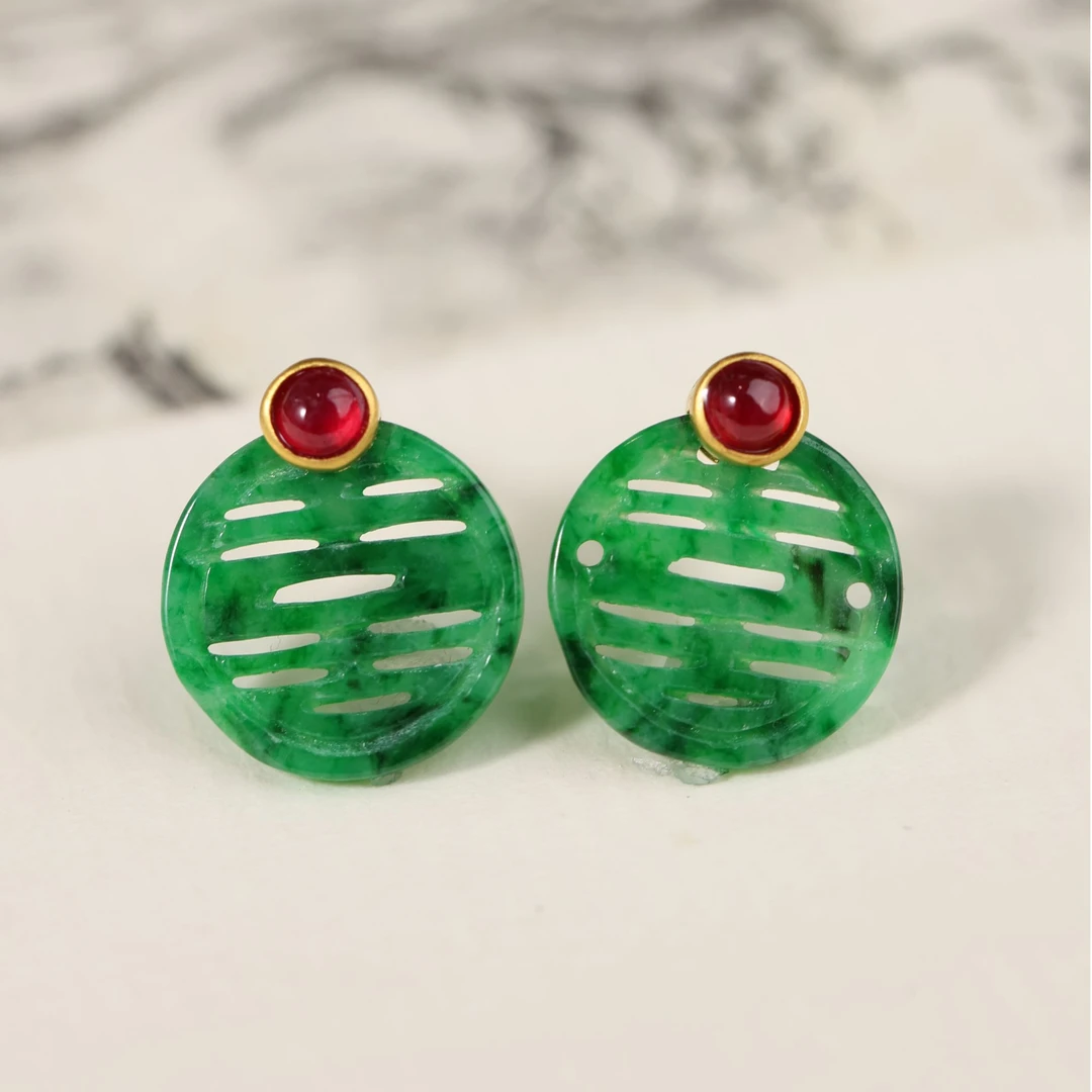 【小圆满】原创国风新中式定制珠宝18k金镶翡翠福牌耳饰 多样性发货