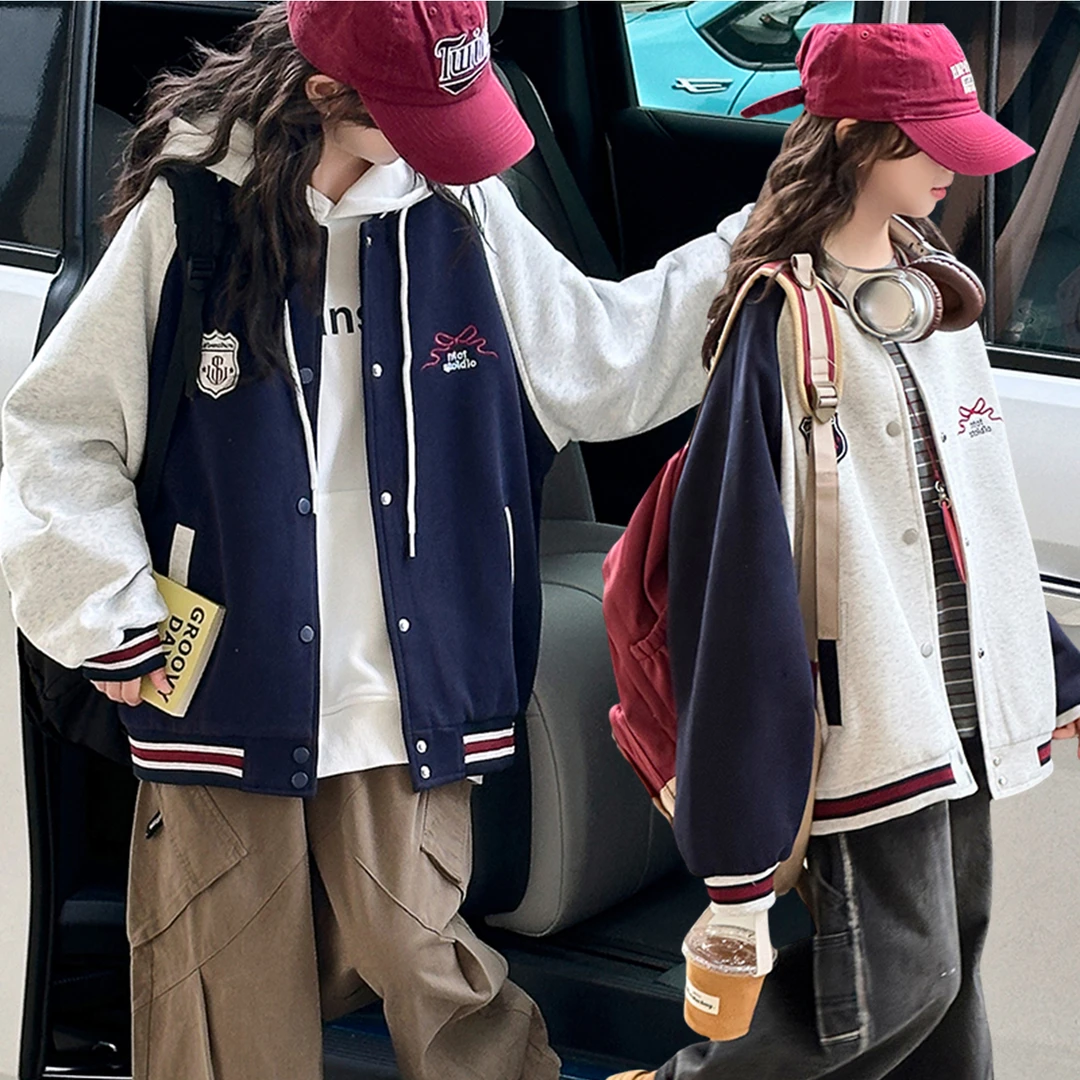 女童春秋新款蝴蝶结刺绣棒球服中大童女孩插肩袖撞色外套9-12岁15