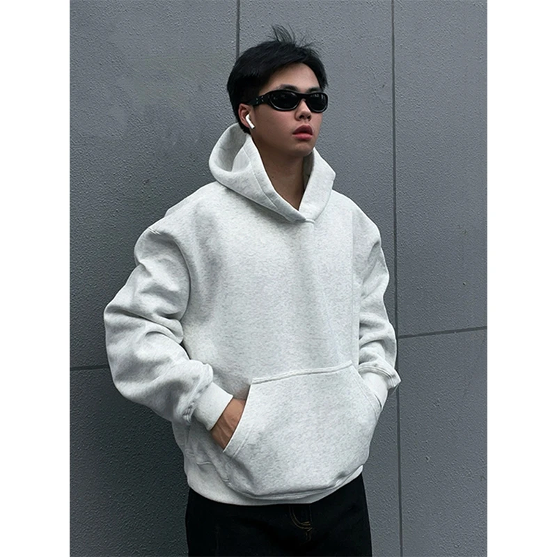 花灰色boxy廓形短款卫衣男款秋季重磅套头连帽衫美式复古硬挺外套