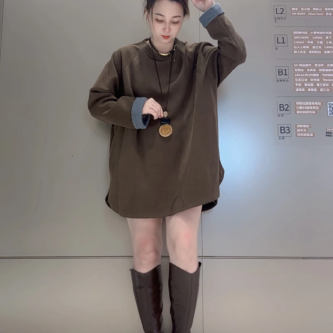 【艾艾402】秋冬韩版圆领撞色翻袖加厚复合宽松慵懒风卫衣休闲加绒