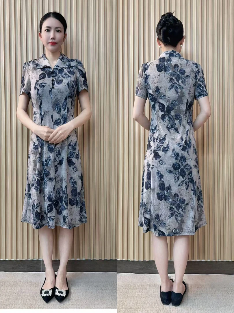 新款短袖夏季时尚妈妈装中长款连衣裙遮肚显瘦高雅气质中老年女