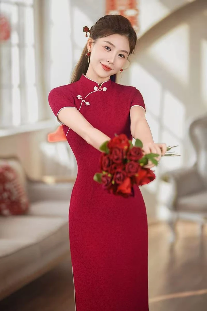 婚礼酒红色气质厚款蕾丝中国风泡泡袖荷叶裙旗袍（古）