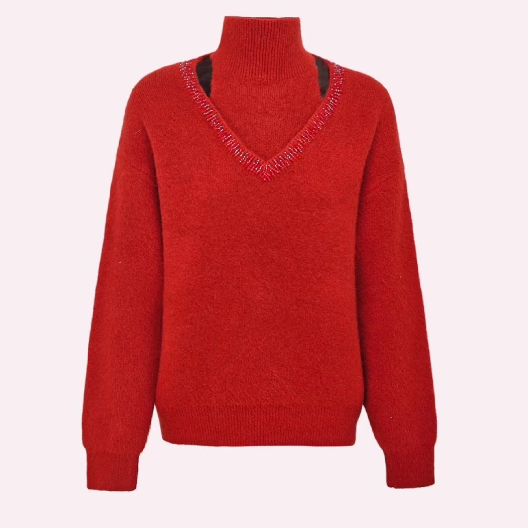 淑雅阁服饰  手工订钻羊毛混仿软糯半高领毛衣假两件套5299