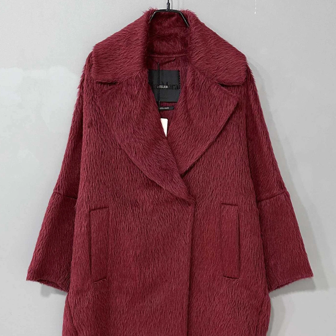 99新 MaxMara 黑标高定款 酒红色薄泰迪大衣/s码/02152