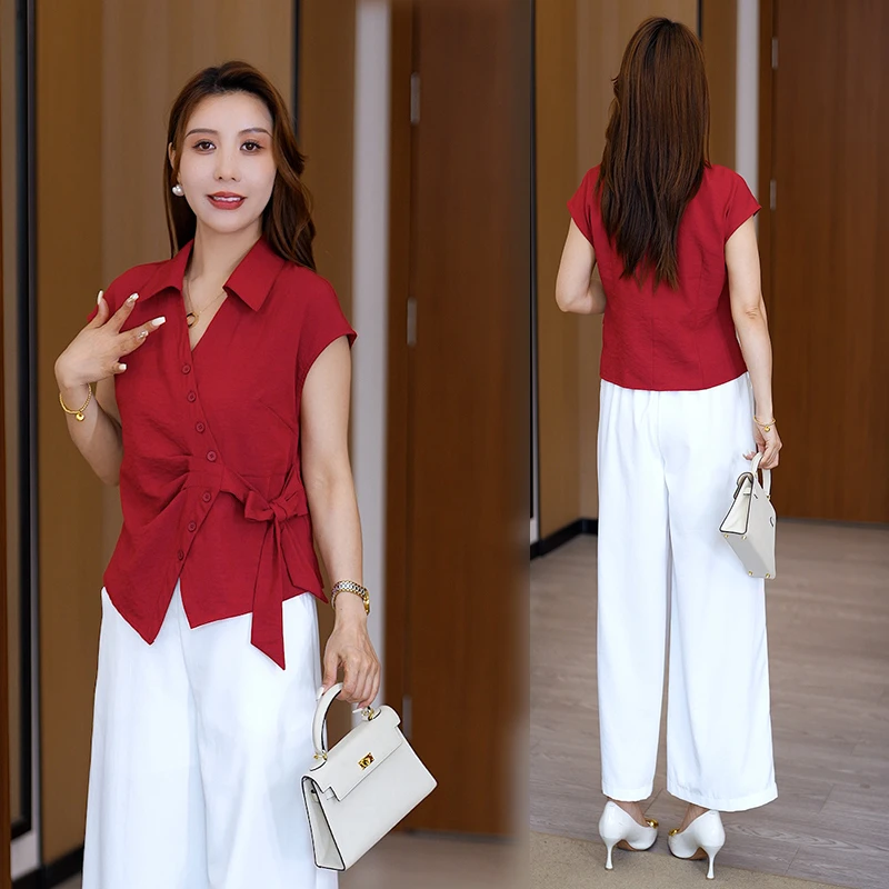 夏季新款2025年时尚法式绑带不规则收腰洋气百搭上衣