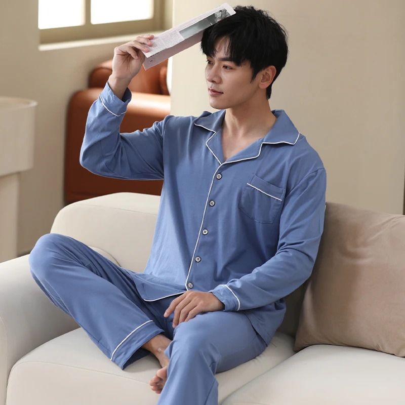 男睡衣粘纤棉春秋薄款长袖长裤大码宽松青年开衫家居服秋天套装RC