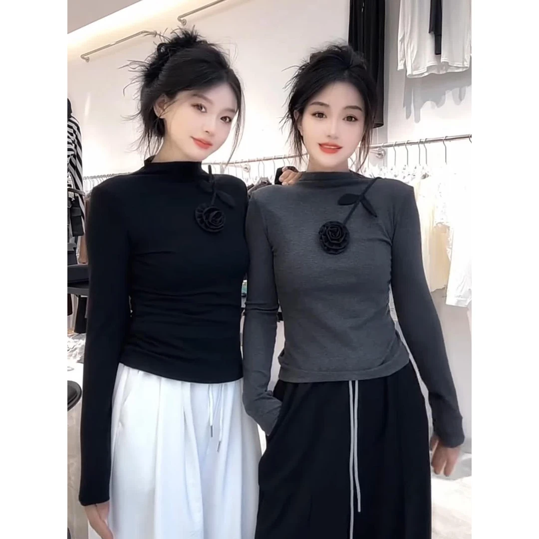 设计感立体花朵长袖T恤女2025秋冬新款内搭半高领打底衫修身上衣