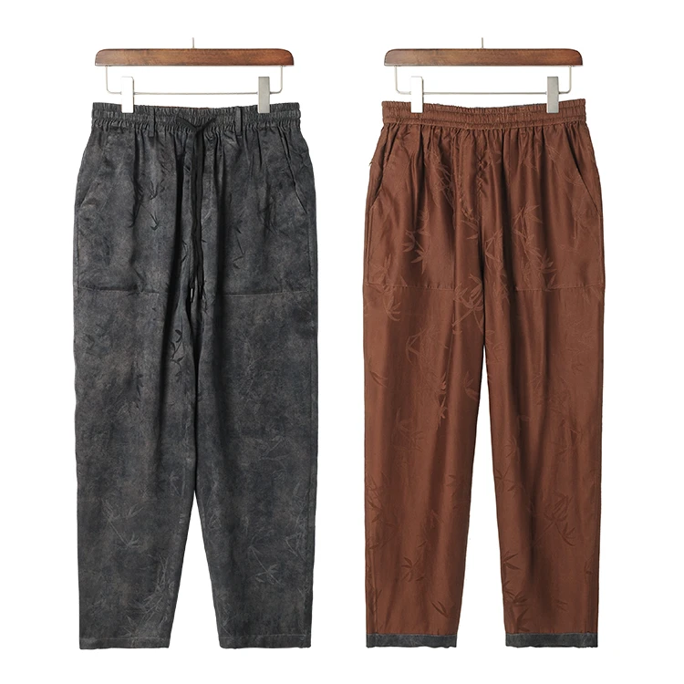 99120 双面穿桑蚕丝透孔罗红云纱长裤男士宽松新中式休闲裤子