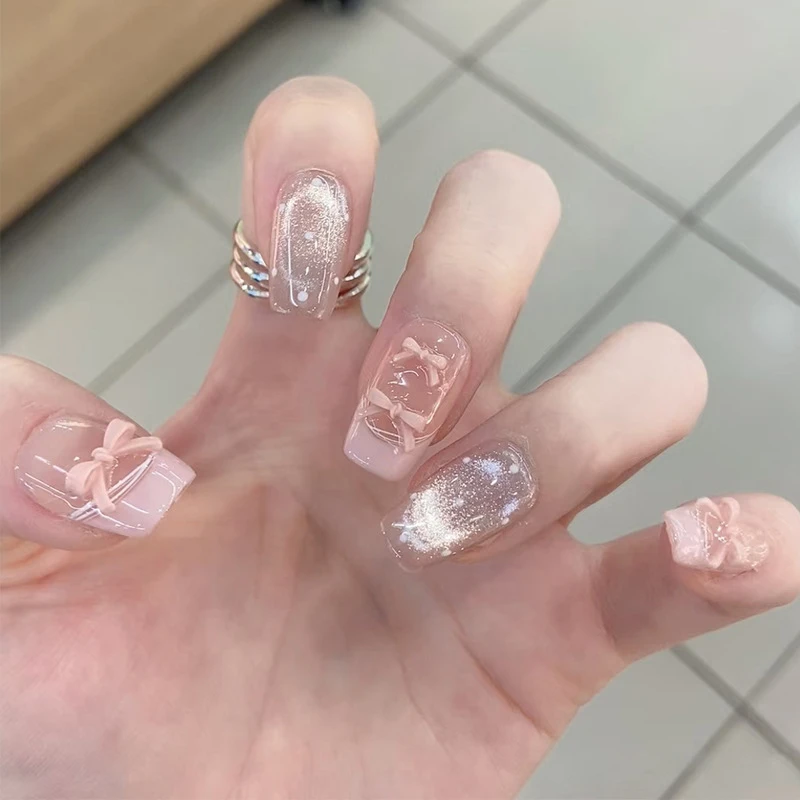 法式裸色简约显白高级感猫眼玻璃珠温柔气质蝴蝶结学生穿戴式美甲