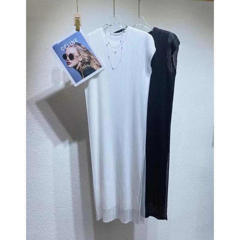 【褶二喜】三宅风褶皱网面双层连衣裙女短袖气质时尚套装裤长款