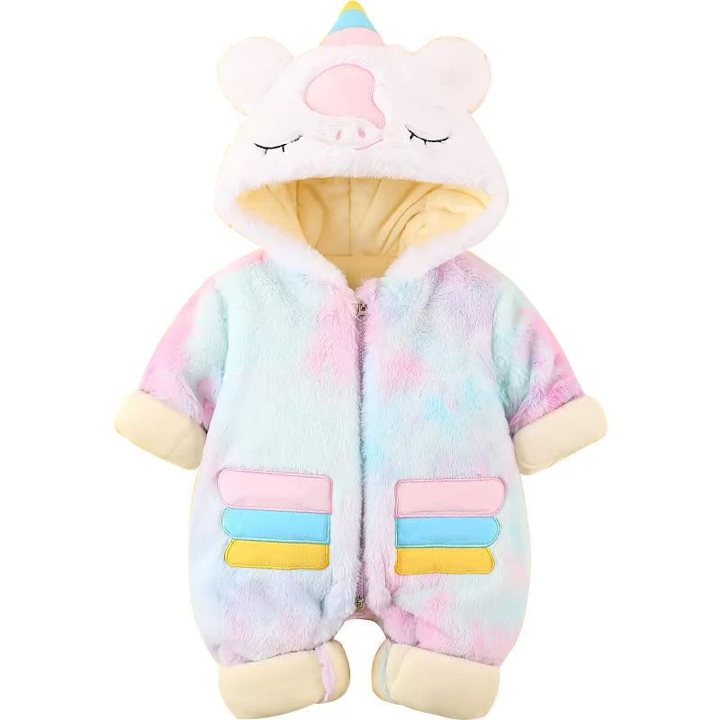 福利上新！！新款0116冬季独角兽厚棉连帽婴幼儿加绒加厚连体哈衣