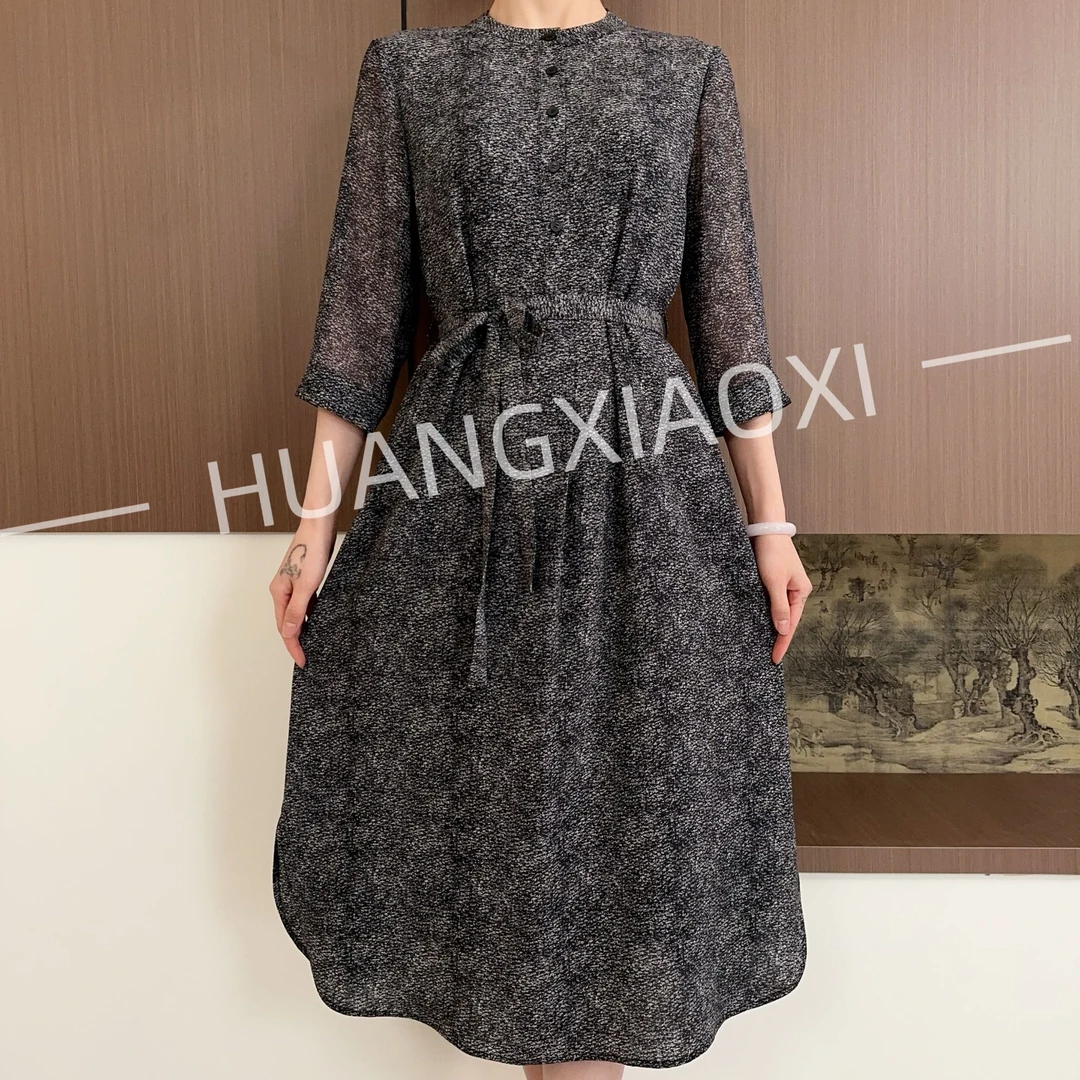 HUANGXIAOXI 青蓝黑沙粒纹气质小圆领高级感中袖连衣裙HXX-153