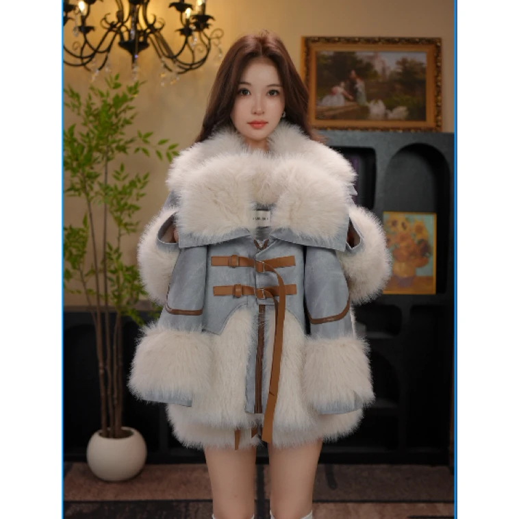 AODUOSEN/奥多森高端定制女童长复古皮带小香风皮衣一体毛毛外套