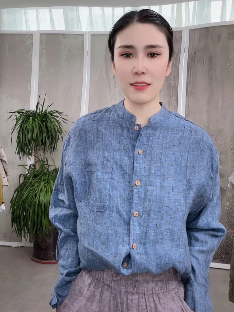 （色织蓝）新款百搭显瘦色织长袖纯汉麻显瘦衬衫女XHH 5031