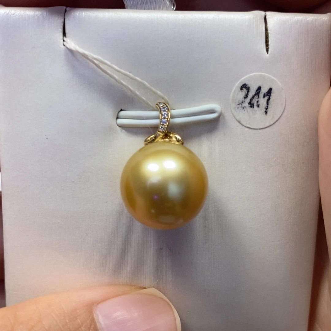 海水珍珠吊坠(不含链)18K金镶嵌茶金正圆13-14mm