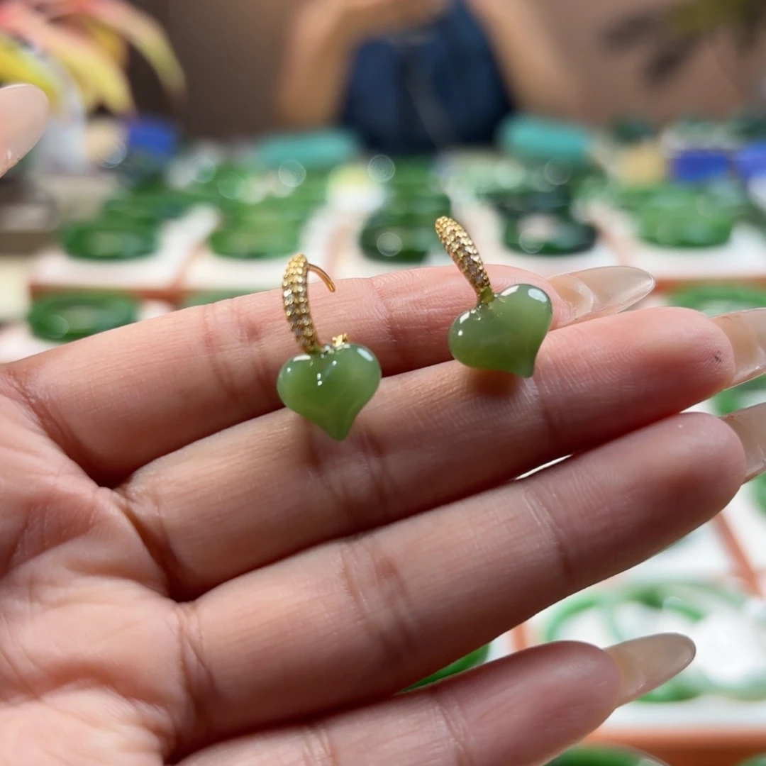 和田玉（碧玉）银S925镶嵌耳饰