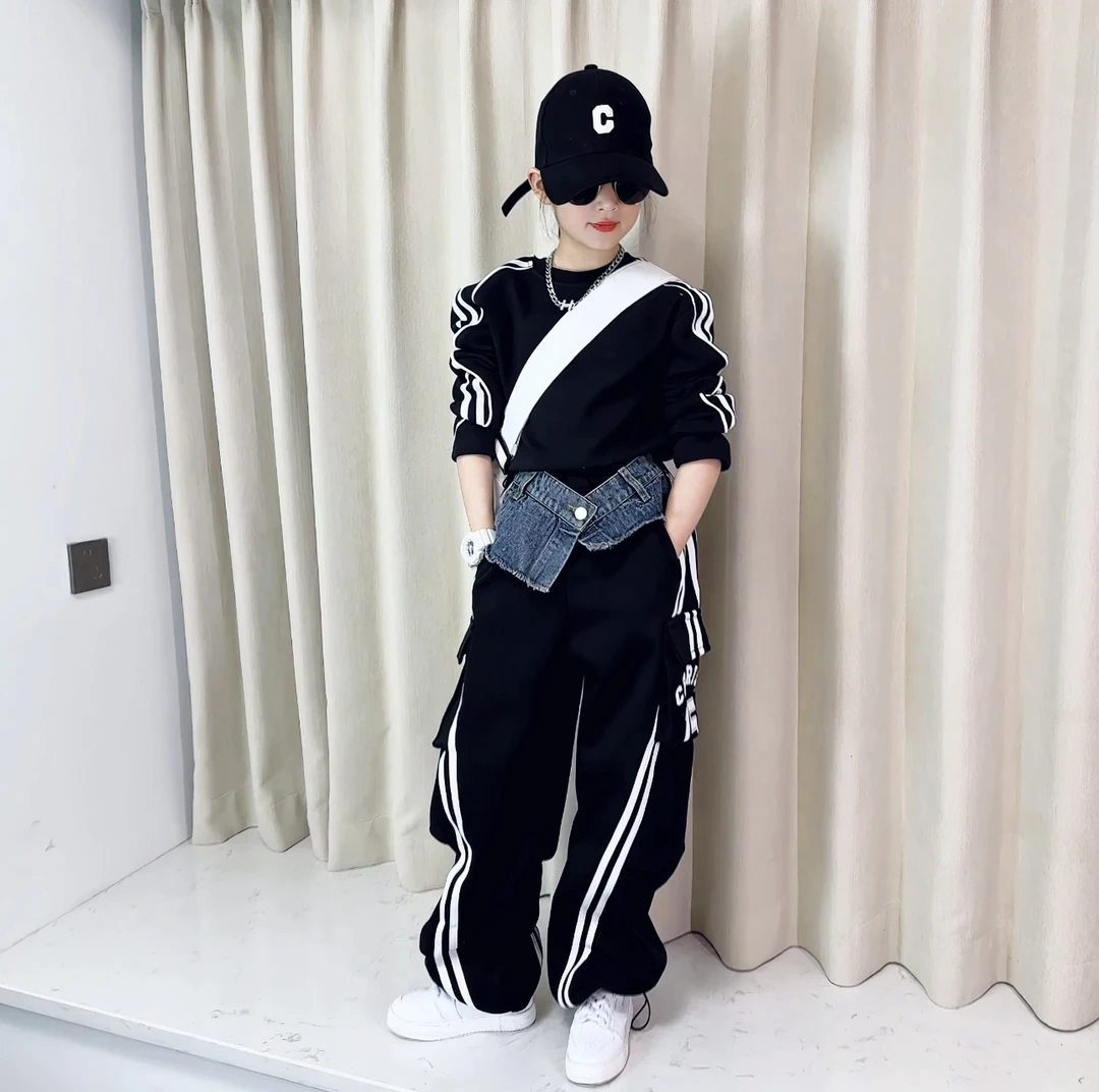 女童春款长裤儿童加厚街舞裤子2025洋气上衣嘻哈风牛仔拼接阔腿裤