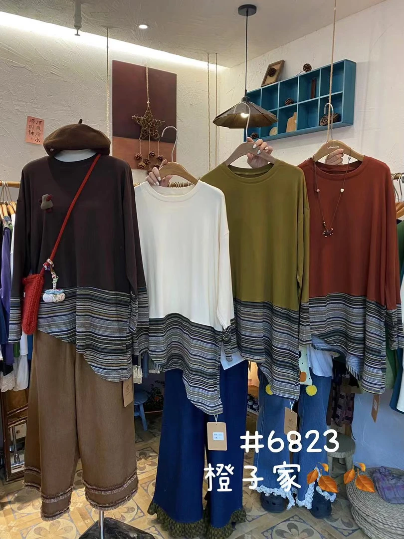 米多多 CZ#6823#时尚休闲拼接圆领上衣