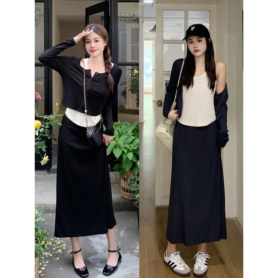 18673（32）春秋装新款胖mm大码女港风学院休闲背心半身裙三件套
