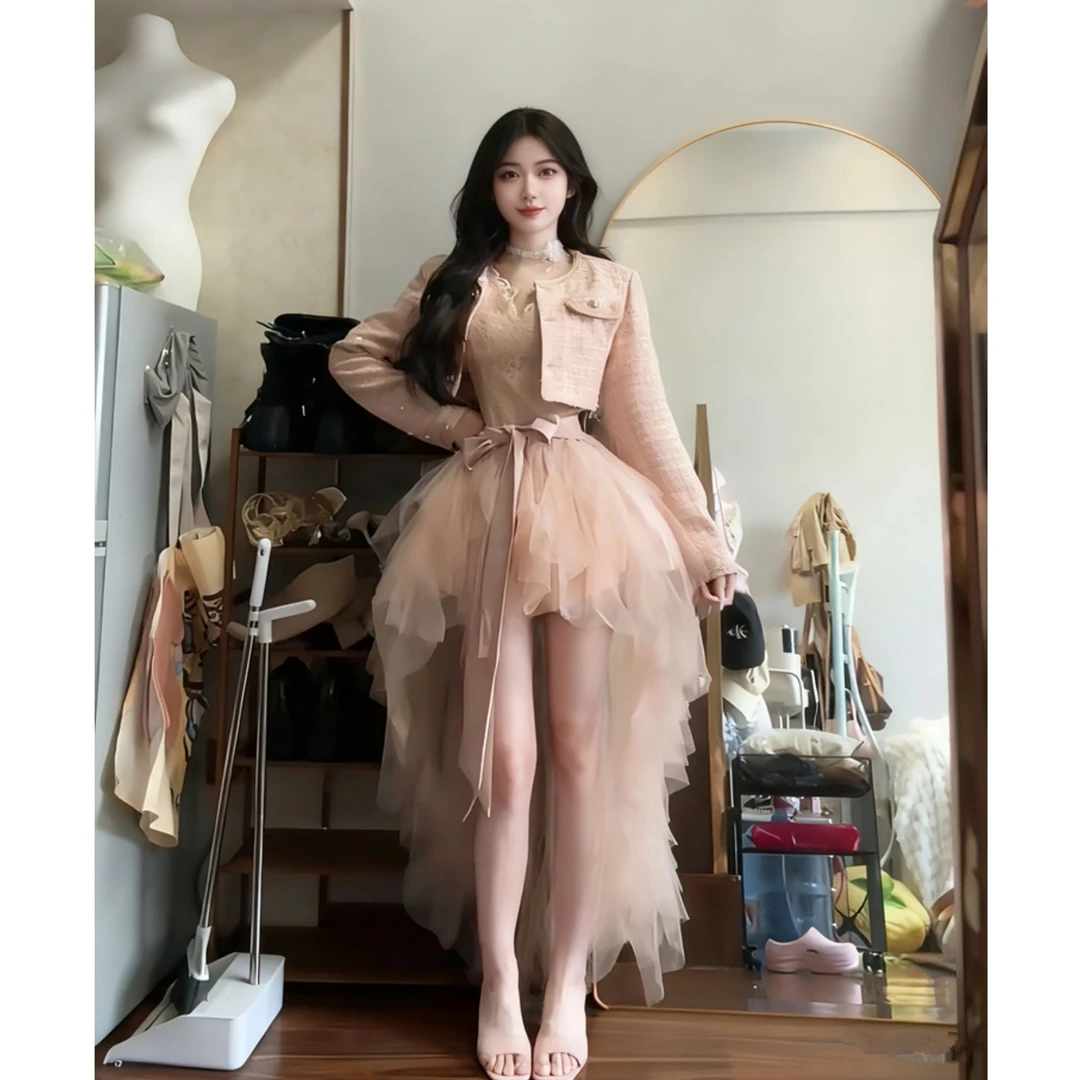 【小美】大码女装法式小香风气质优雅外套蕾丝花边网纱连衣裙13291