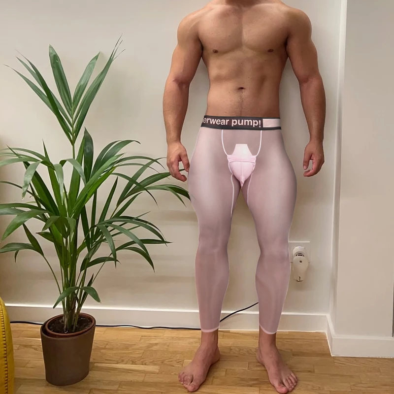 光纱薄款透明男士打底九分裤透气速干网布低腰运动跑步贴身男长裤