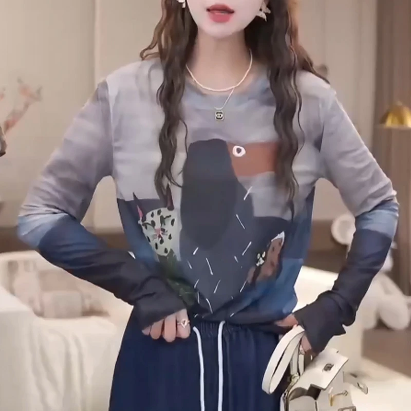 腊肠狗 圆领夏季长袖轻薄透气双层网纱印花打底休闲百搭T恤女1639