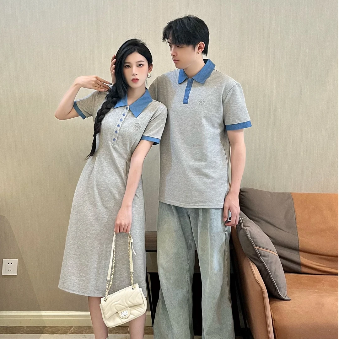 情侣装夏季小众设计感POLO领收腰显瘦女连衣裙男短袖T恤一裙一衣