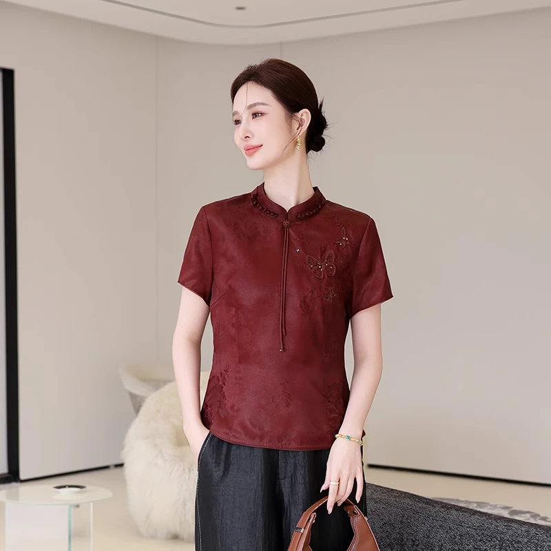 2025新款高端香云纱真丝上衣女桑蚕丝喜婆婆妈妈装国风新中式刺绣