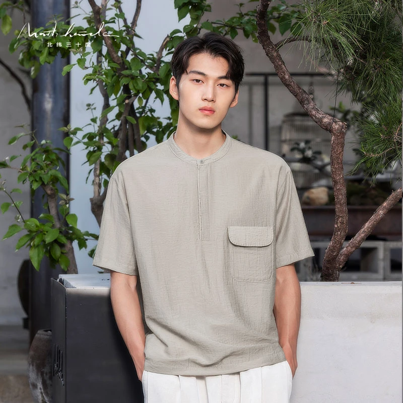 北纬三十度夏季亚麻男装圆领简约透气百搭亚麻宽松休闲短袖T恤