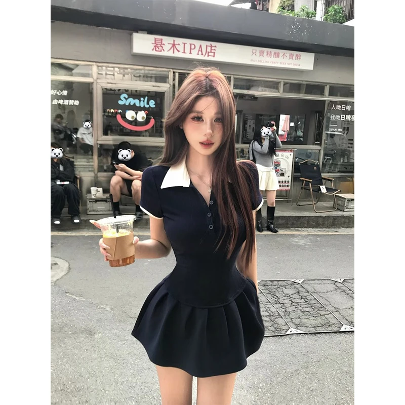 2025新款纯欲假两件短袖连衣裙子女夏季高腰显瘦气质修身短款裙子