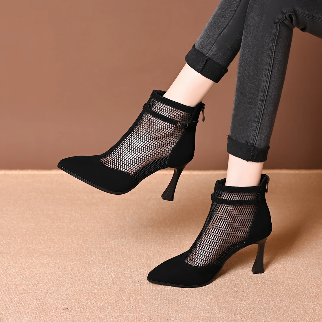 尖头高跟鞋女鞋2025春季新款欧美风性感网纱单鞋后拉链细跟时装鞋