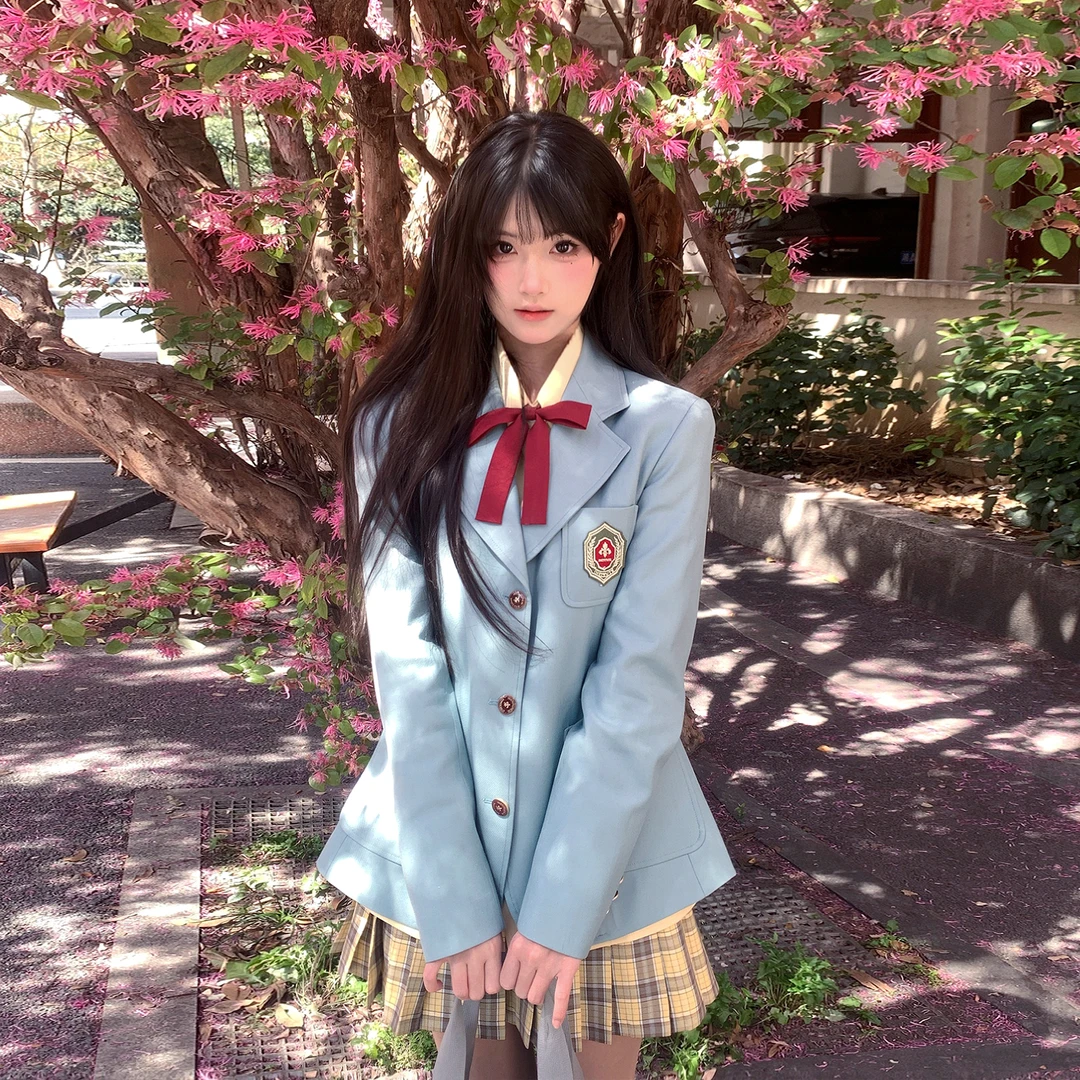 火星家JK制服薄荷色西装女学院风三粒扣原创绿色西服外套百搭春秋