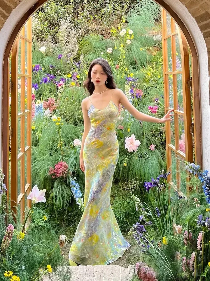 【莫奈花园】真丝吊带连衣裙法式复古油画吊带裙桑蚕丝鱼尾裙女