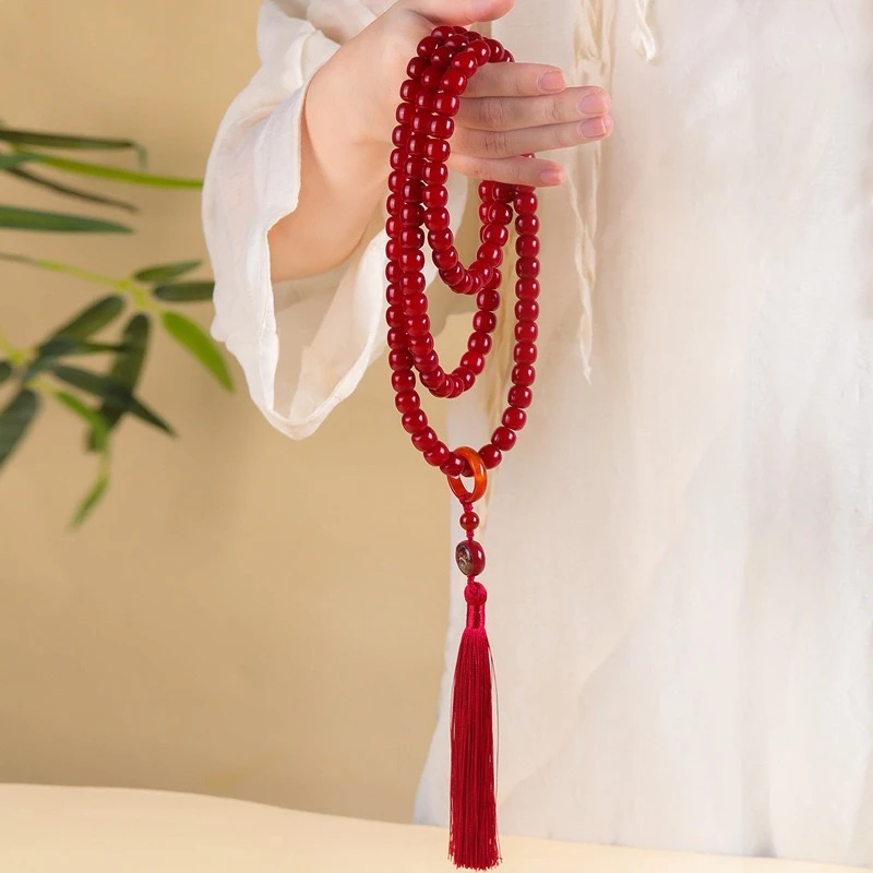 【坤灵手持】天然菩提根红色桶珠108菩提根手串持佛珠念珠流苏款