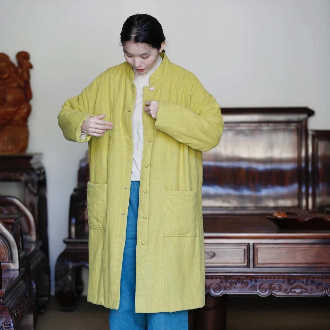 如素慢衣中式复古立领砂洗苎麻棉夹棉加厚撞色排扣长款棉衣36320