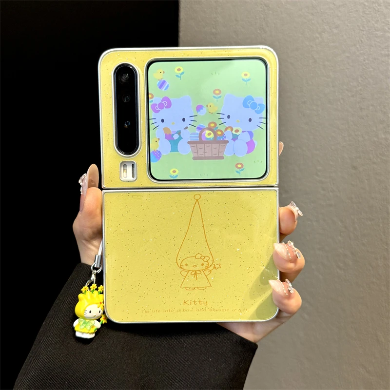 适用华为purax典藏版折叠屏手机壳pocket2闪粉线条高帽kt猫挂件女