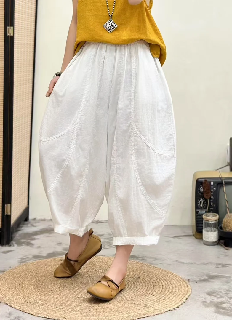 【云吖】夏季复古宽松休闲百搭薄款纯色双纱棉大版八分裤