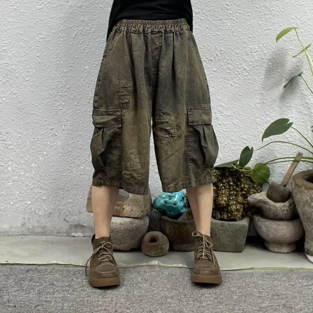 26075黄咖贴布假破洞两侧口袋炒色牛仔裤（长64臀围132脚口70