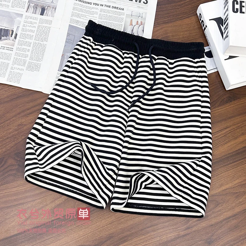 （衣兮韩系慵懒条纹短裤）夏季时尚抽绳松紧腰显瘦百搭休闲裤D