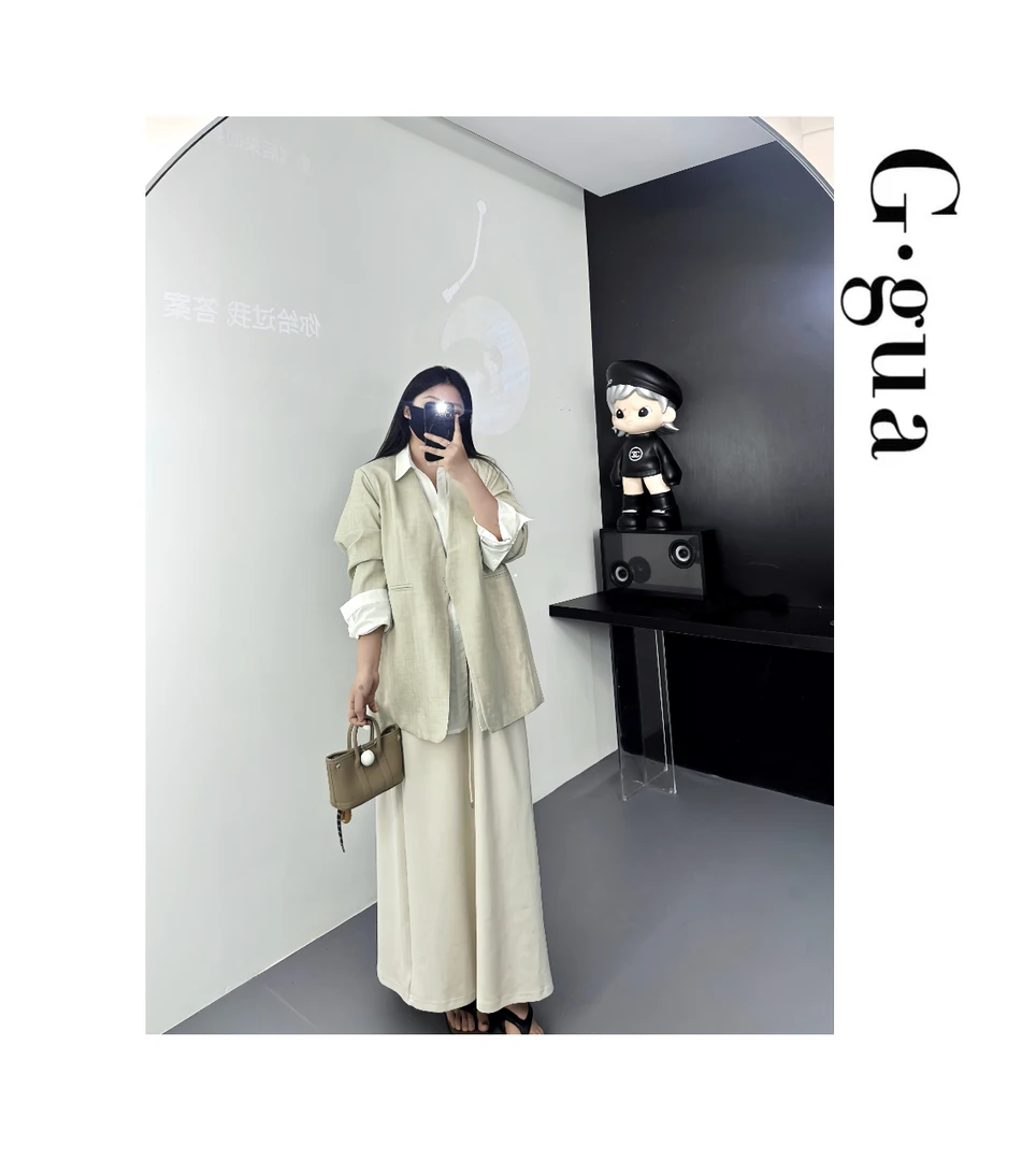 【张_Ggua】大码老钱松弛麻料西装V领+韩版百搭衬衫+高松紧腰卫衣裙