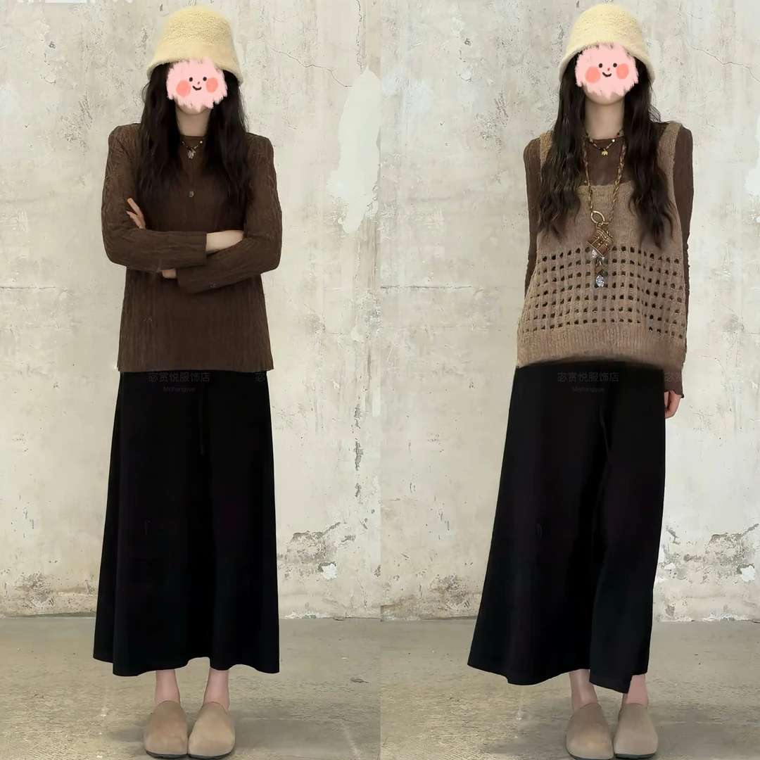 2025秋冬新款棉感显瘦设计感长袖上衣镂空高级感吊带百搭长裙套装