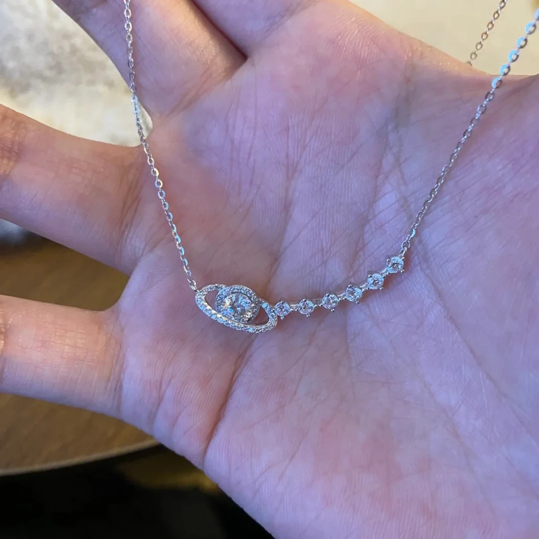 坠链均925银合成锆石 韩版闪亮土星轨迹满锆项链清新ins风5090