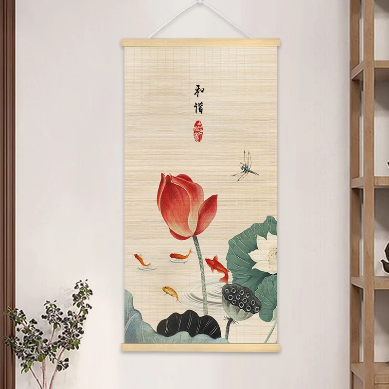 【荷花禅意】新中式荷花大全玄关画竹挂画竹画丝画玄关画环保装饰