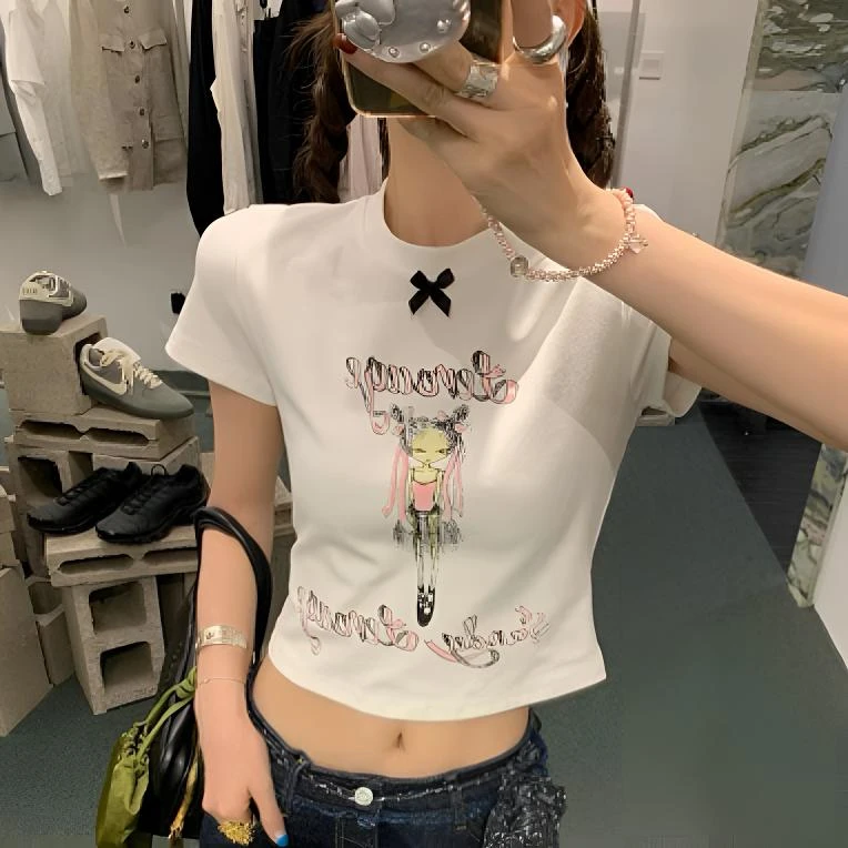 le rouge周美美  电子女孩圆领蝴蝶结装旧印花正肩辣妹短袖T恤