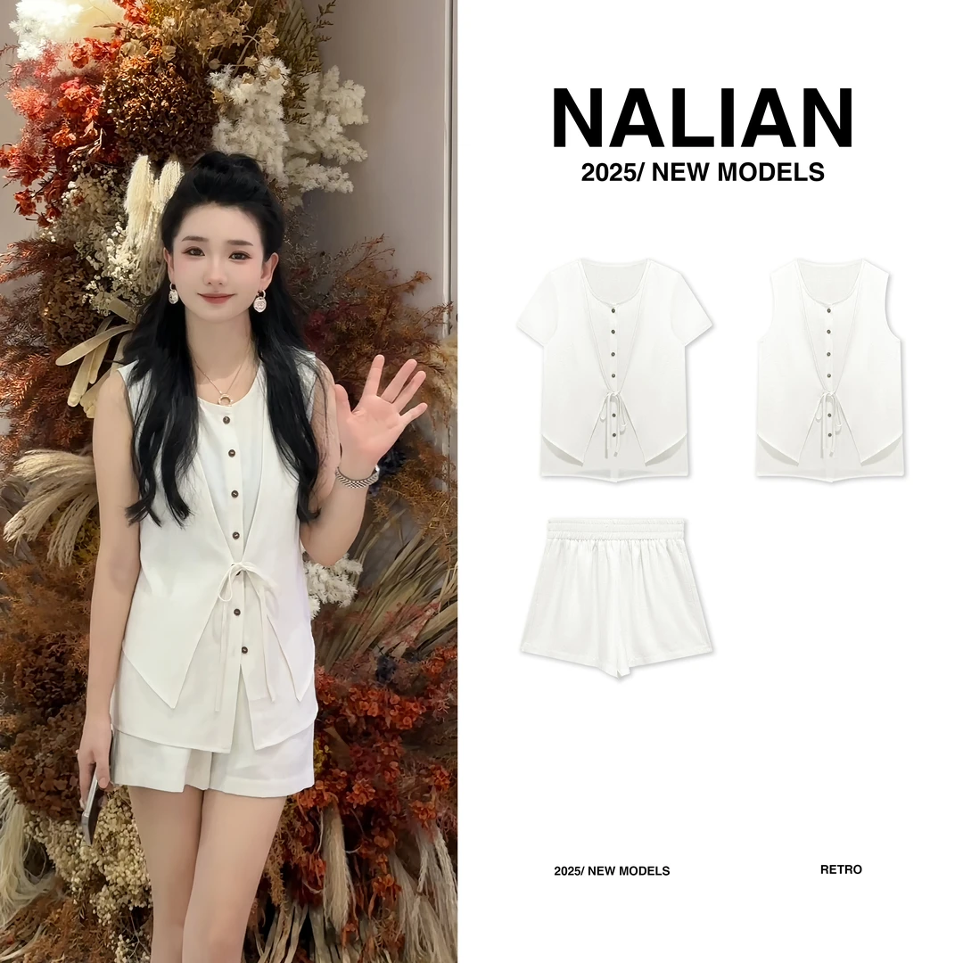 拿恋JGCDD6293气质休闲小众设计上衣+松紧腰短裤6293